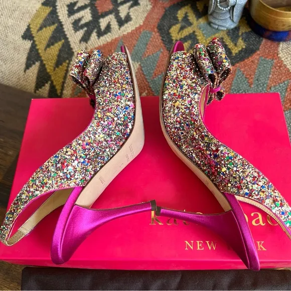 Kate Spade Charm Glitter/Sparkle Hot Pink Slingback Heels Box &amp; Dust Bag US6