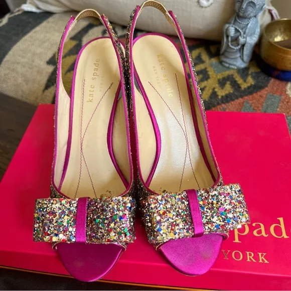 Kate Spade Charm Glitter/Sparkle Hot Pink Slingback Heels Box &amp; Dust Bag US6