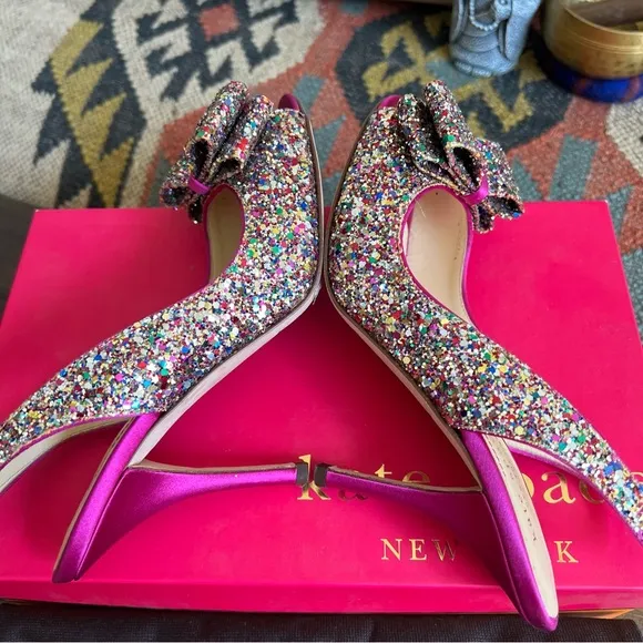 Kate Spade Charm Glitter/Sparkle Hot Pink Slingback Heels Box &amp; Dust Bag US6