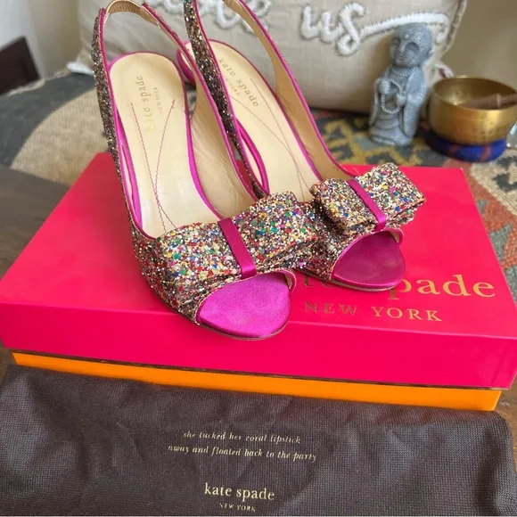 Kate Spade Charm Glitter/Sparkle Hot Pink Slingback Heels Box &amp; Dust Bag US6