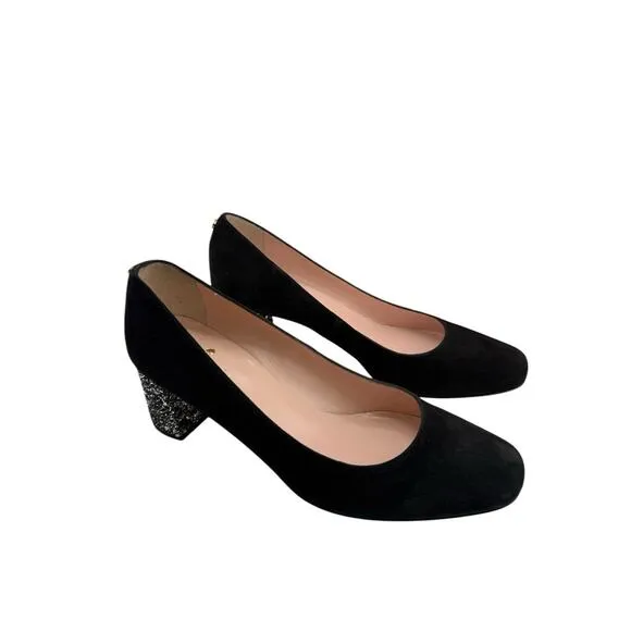 Kate Spade Dolores Black Suede Glitter Block Heel Dress Shoes Women’s Sz 6M NEW