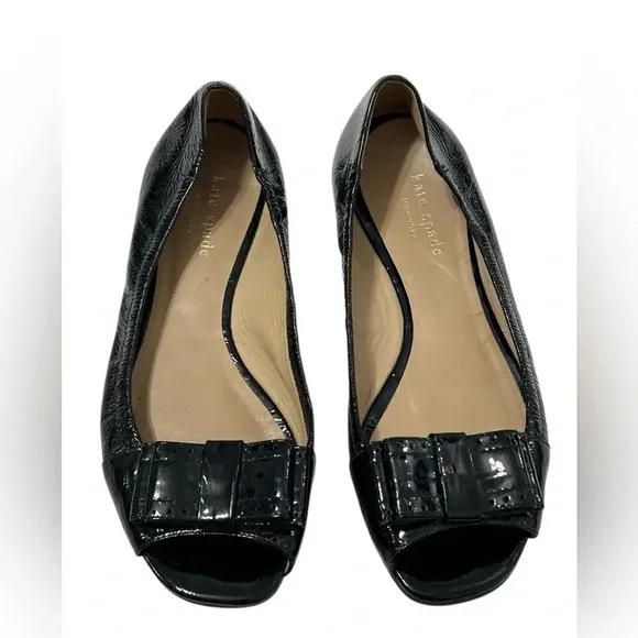 Kate Spade New York Black Peep Toe Ballet Flats Shoes Size 7 Patent Leather
