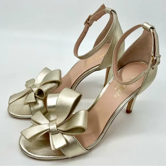 kate spade new york Greta Sandals Size 6 Ankle Heels Light Metallic Gold EUC