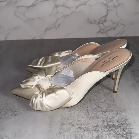 Kate Spade New York Sheela Pumps Open Back Satin Lux Ivory Bow K0348 Size 10