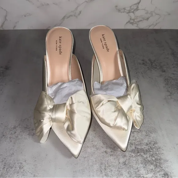 Kate Spade New York Sheela Pumps Open Back Satin Lux Ivory Bow K0348 Size 10