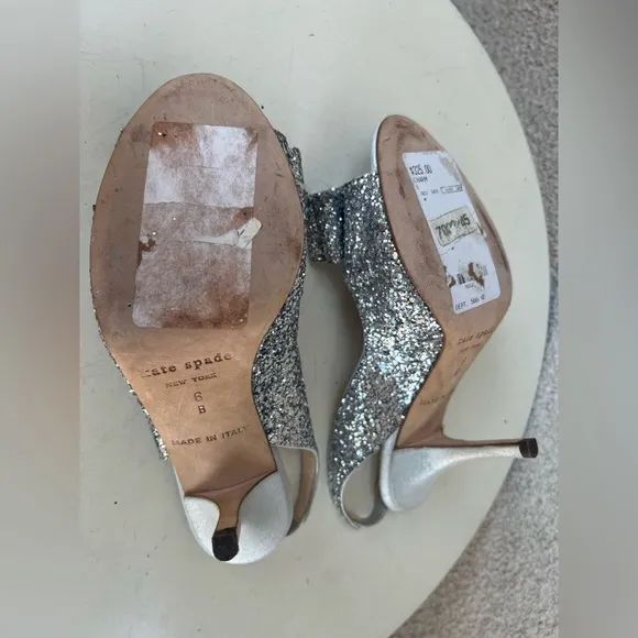 Kate Spade NY CHARM sling back shoes 3.5” heel silver glitter sided Sz 6M