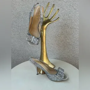 Kate Spade NY CHARM sling back shoes 3.5” heel silver glitter sided Sz 6M