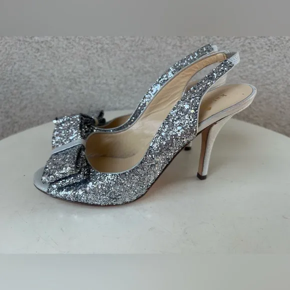 Kate Spade NY CHARM sling back shoes 3.5” heel silver glitter sided Sz 6M