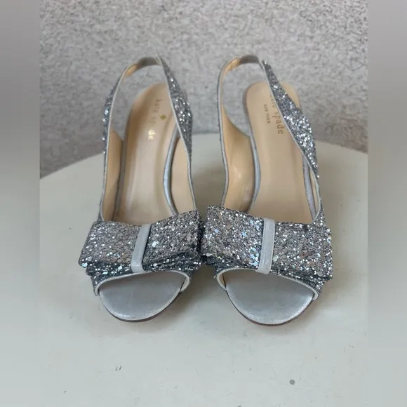 Kate Spade NY CHARM sling back shoes 3.5” heel silver glitter sided Sz 6M