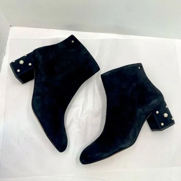 Kate Spade Womens 10 B Black Suede Taraji Faux Pearl Zip Block Heel Bootie