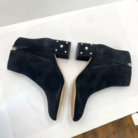 Kate Spade Womens 10 B Black Suede Taraji Faux Pearl Zip Block Heel Bootie