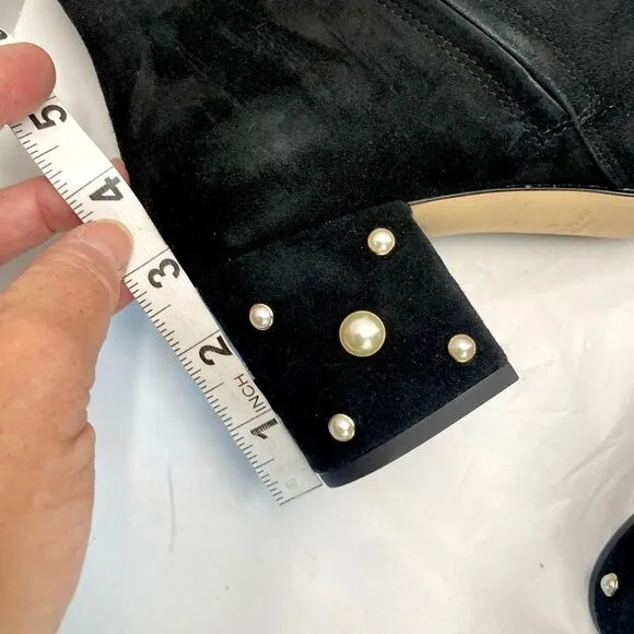 Kate Spade Womens 10 B Black Suede Taraji Faux Pearl Zip Block Heel Bootie