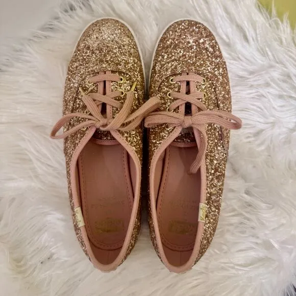 Kate Spade x Keds Rose Gold Glitter Sneakers Lace Up Shoes Womens Sz 6.5
