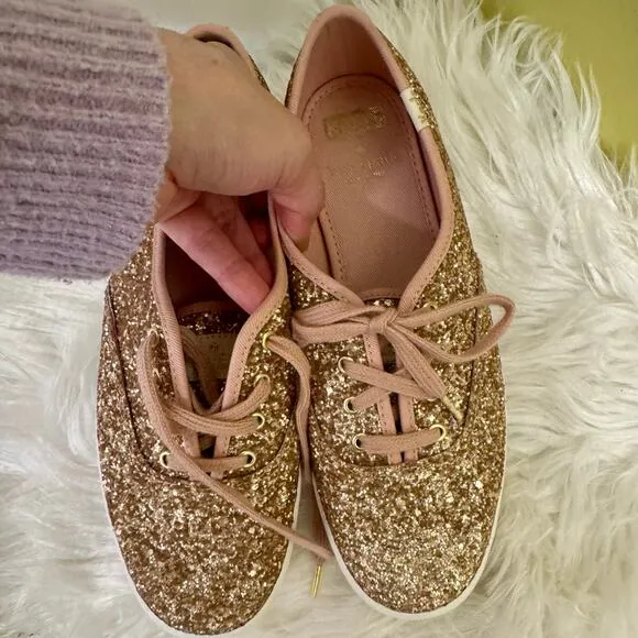 Kate Spade x Keds Rose Gold Glitter Sneakers Lace Up Shoes Womens Sz 6.5