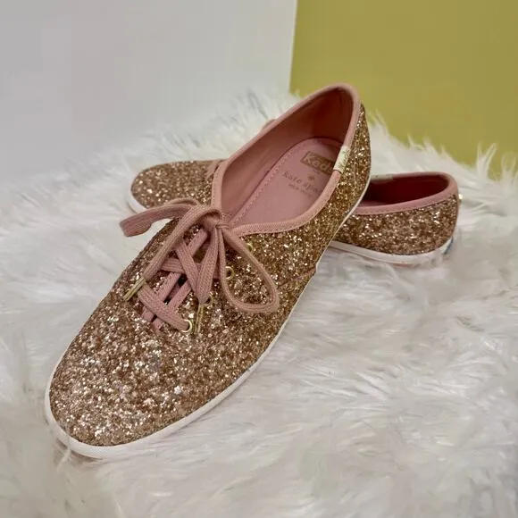 Kate Spade x Keds Rose Gold Glitter Sneakers Lace Up Shoes Womens Sz 6.5
