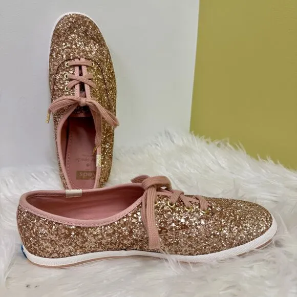 Kate Spade x Keds Rose Gold Glitter Sneakers Lace Up Shoes Womens Sz 6.5