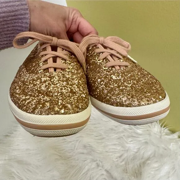 Kate Spade x Keds Rose Gold Glitter Sneakers Lace Up Shoes Womens Sz 6.5