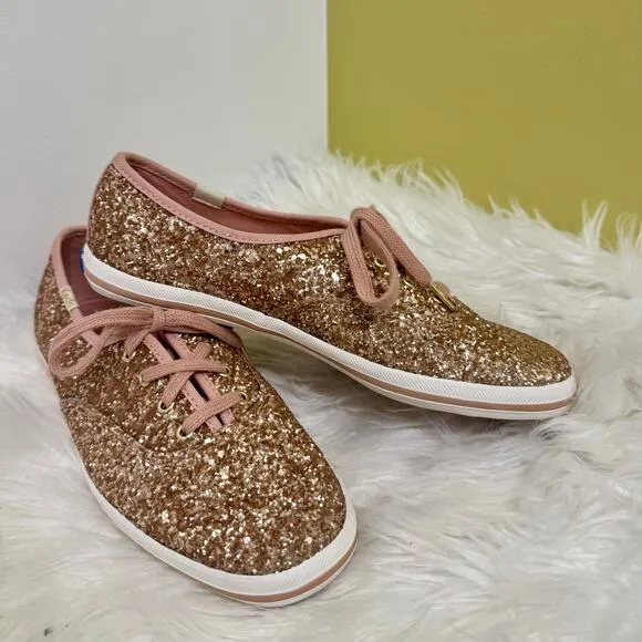 Kate Spade x Keds Rose Gold Glitter Sneakers Lace Up Shoes Womens Sz 6.5