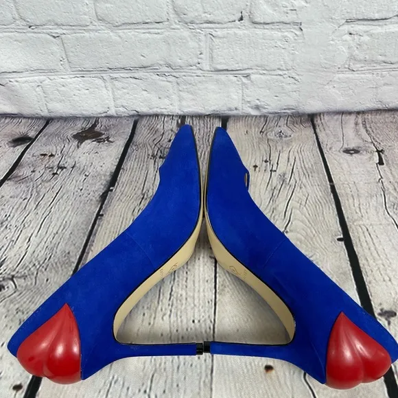 Katy Perry Femi Blue Suede High Heel Pumps with Red Lips, 8.5