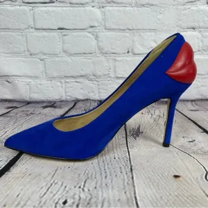 Katy Perry Femi Blue Suede High Heel Pumps with Red Lips, 8.5