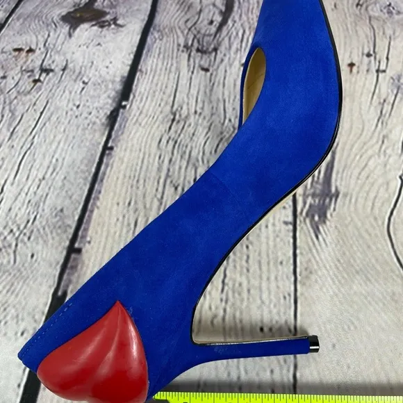 Katy Perry Femi Blue Suede High Heel Pumps with Red Lips, 8.5