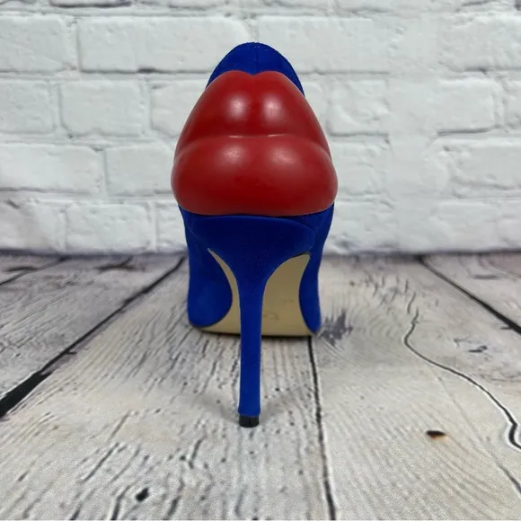Katy Perry Femi Blue Suede High Heel Pumps with Red Lips, 8.5