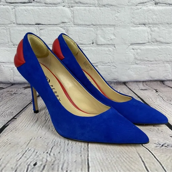 Katy Perry Femi Blue Suede High Heel Pumps with Red Lips, 8.5