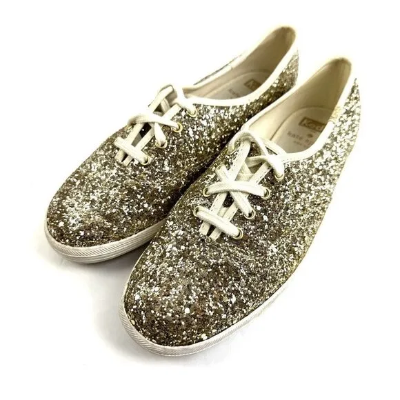 Keds For Kate Spade 7 Gold Glitter Platinum Lace Up Shoes Womens
