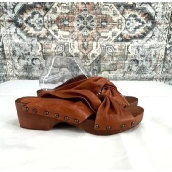 Kelsi Dagger Brooklyn Clog Sandals Size 9 Brown Leather Wooden Heel  Summer