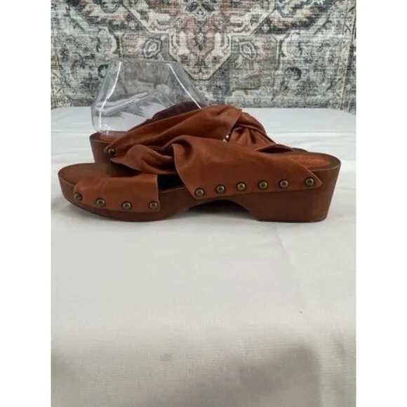 Kelsi Dagger Brooklyn Clog Sandals Size 9 Brown Leather Wooden Heel  Summer