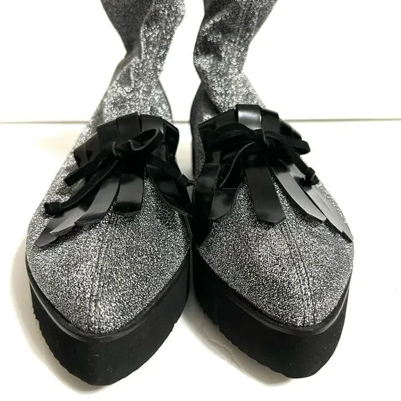 Kennel &amp; Schmenger Ankle Sock Boots Silver Black Sparkly Fringe Pointy Toe New 7