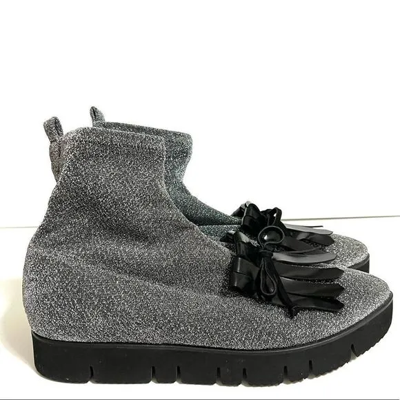 Kennel &amp; Schmenger Ankle Sock Boots Silver Black Sparkly Fringe Pointy Toe New 7