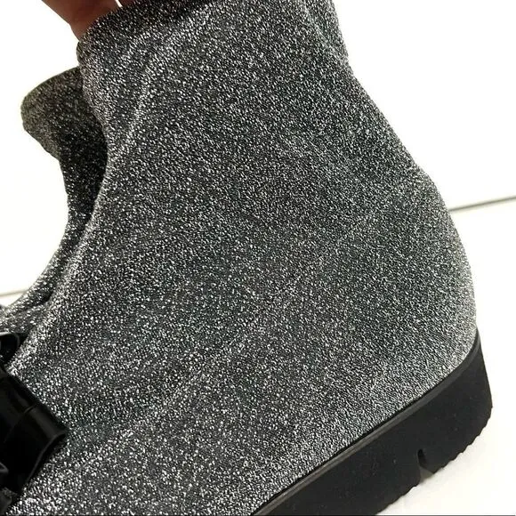 Kennel &amp; Schmenger Ankle Sock Boots Silver Black Sparkly Fringe Pointy Toe New 7