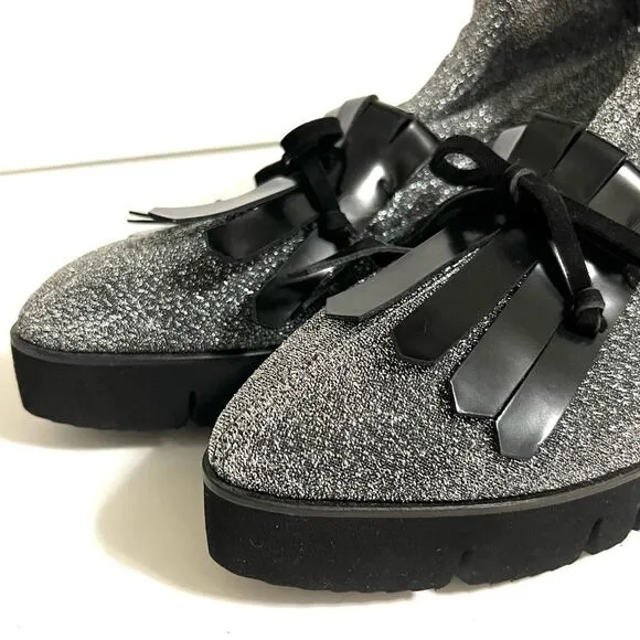 Kennel &amp; Schmenger Ankle Sock Boots Silver Black Sparkly Fringe Pointy Toe New 7
