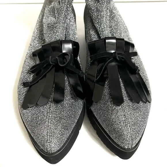 Kennel &amp; Schmenger Ankle Sock Boots Silver Black Sparkly Fringe Pointy Toe New 7