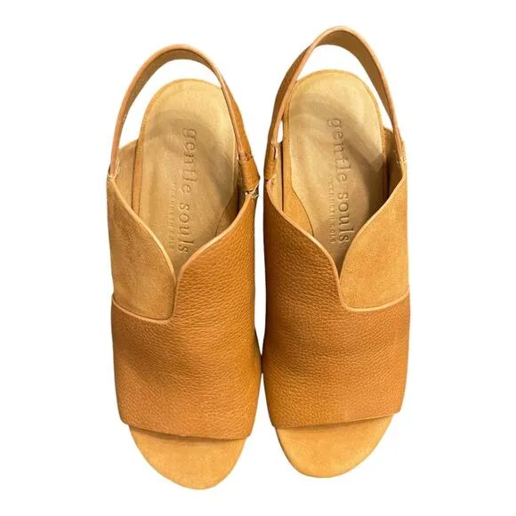 Kenneth Cole Charlene Suede Leather Slingback Block Heel Sandals Cognac Size 5.5