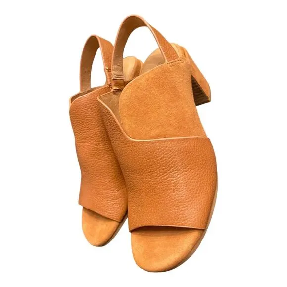 Kenneth Cole Charlene Suede Leather Slingback Block Heel Sandals Cognac Size 5.5