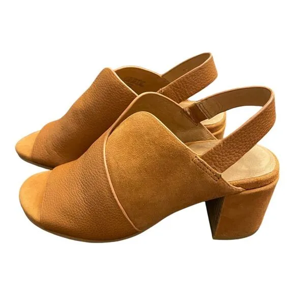 Kenneth Cole Charlene Suede Leather Slingback Block Heel Sandals Cognac Size 5.5