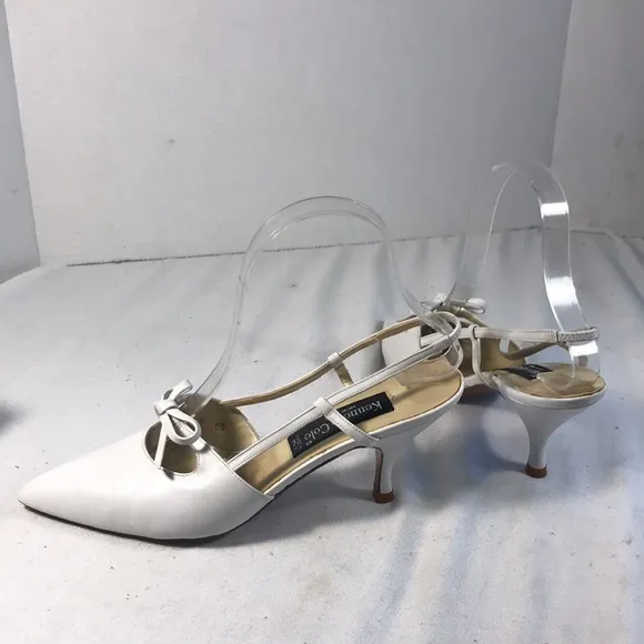 Kenneth Cole Women’s Vintage 90’s White Leather Pointy Toe Bow Slingback Heels