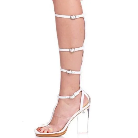 💥KILLER DESIGN💥VTG 100% Genuine Leather Lucite Heel Gladiator Pumps in White