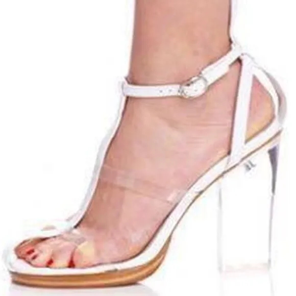 💥KILLER DESIGN💥VTG 100% Genuine Leather Lucite Heel Gladiator Pumps in White