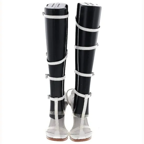 💥KILLER DESIGN💥VTG 100% Genuine Leather Lucite Heel Gladiator Pumps in White