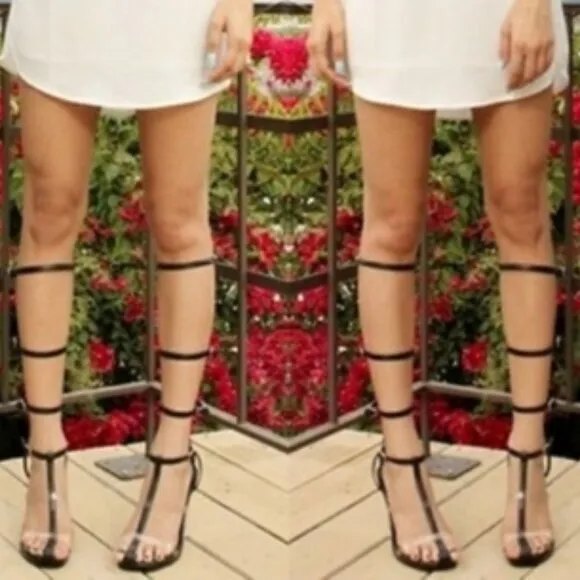 💥KILLER DESIGN💥VTG Caged Lucite Heel Gladiator Pumps in Black Leather &amp; Clear