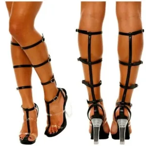 💥KILLER DESIGN💥VTG Caged Lucite Heel Gladiator Pumps in Black Leather &amp; Clear