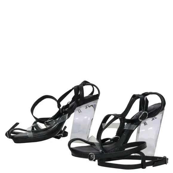 💥KILLER DESIGN💥VTG Caged Lucite Heel Gladiator Pumps in Black Leather &amp; Clear