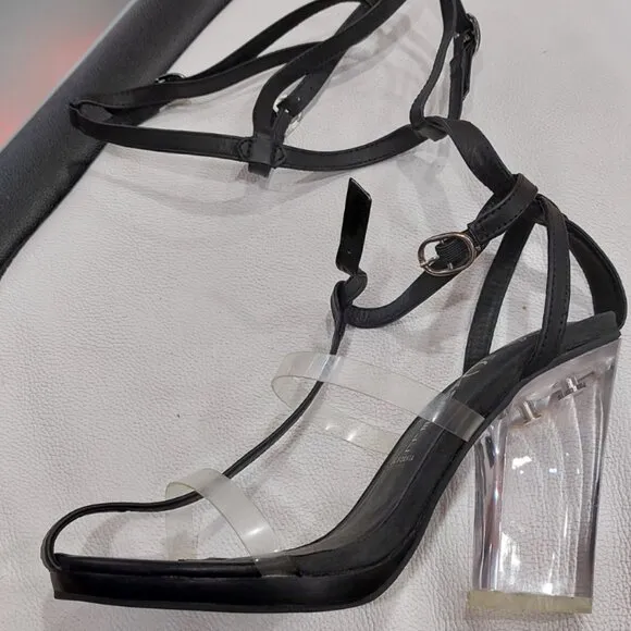 💥KILLER DESIGN💥VTG Caged Lucite Heel Gladiator Pumps in Black Leather &amp; Clear