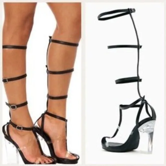 💥KILLER DESIGN💥VTG Caged Lucite Heel Gladiator Pumps in Black Leather &amp; Clear