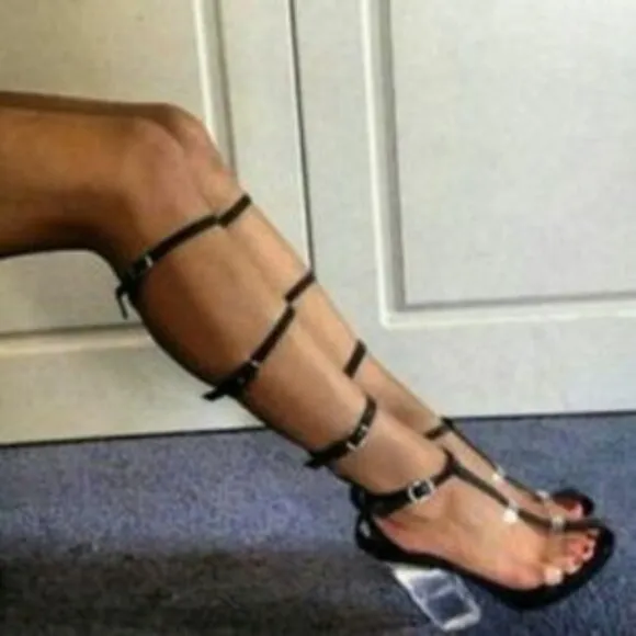 💥KILLER DESIGN💥VTG Caged Lucite Heel Gladiator Pumps in Black Leather &amp; Clear