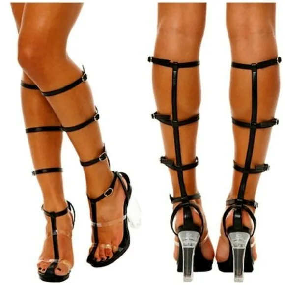 💥KILLER DESIGN💥VTG Caged Lucite Heel Gladiator Pumps in Black Leather &amp; Clear