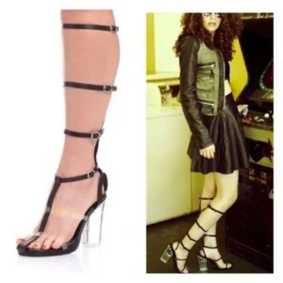 💥KILLER DESIGN💥VTG Caged Lucite Heel Gladiator Pumps in Black Leather &amp; Clear